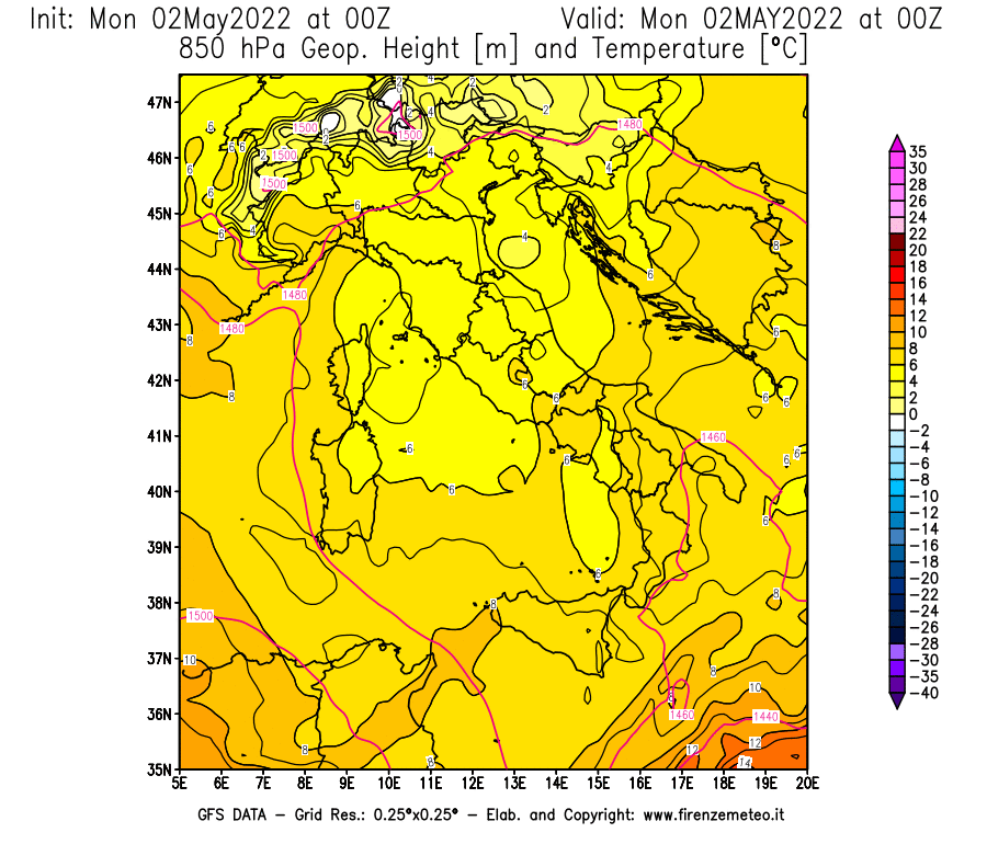 Mappa di analisi GFS - Geopotenziale [m] e Temperatura [°C] a 850 hPa in Italia
									del 02/05/2022 00 <!--googleoff: index-->UTC<!--googleon: index-->