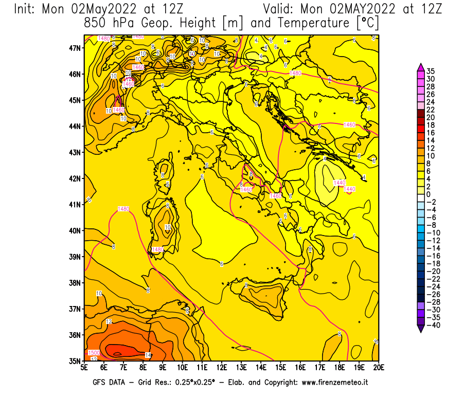 Mappa di analisi GFS - Geopotenziale [m] e Temperatura [°C] a 850 hPa in Italia
									del 02/05/2022 12 <!--googleoff: index-->UTC<!--googleon: index-->