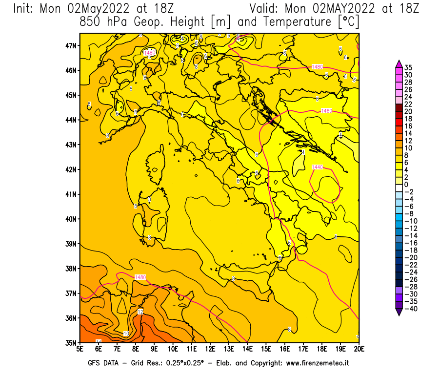 Mappa di analisi GFS - Geopotenziale [m] e Temperatura [°C] a 850 hPa in Italia
									del 02/05/2022 18 <!--googleoff: index-->UTC<!--googleon: index-->