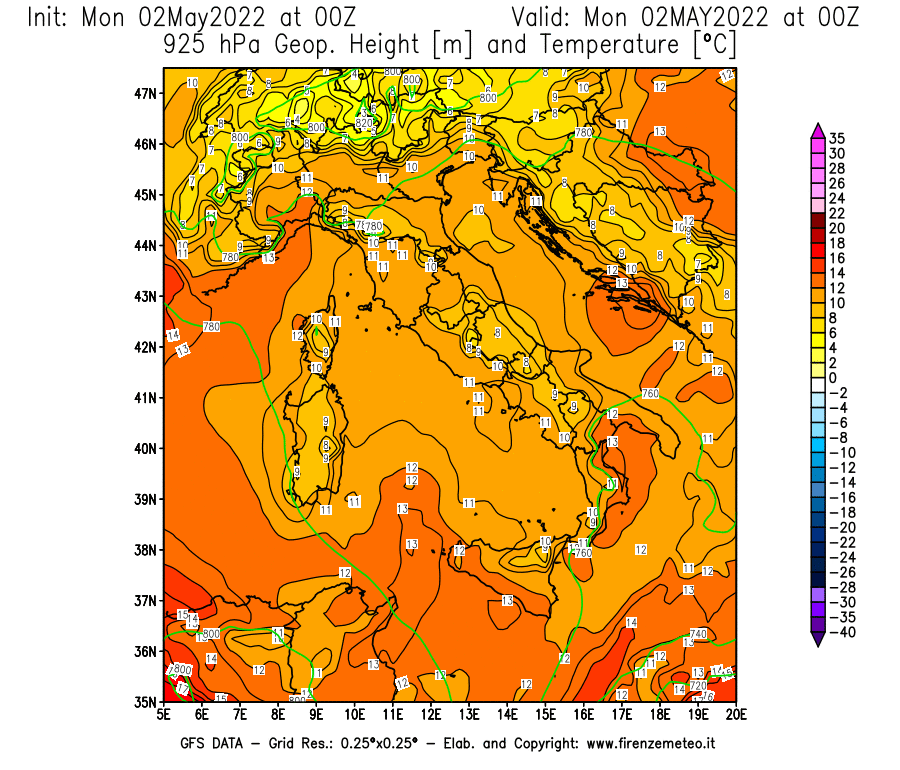Mappa di analisi GFS - Geopotenziale [m] e Temperatura [°C] a 925 hPa in Italia
									del 02/05/2022 00 <!--googleoff: index-->UTC<!--googleon: index-->