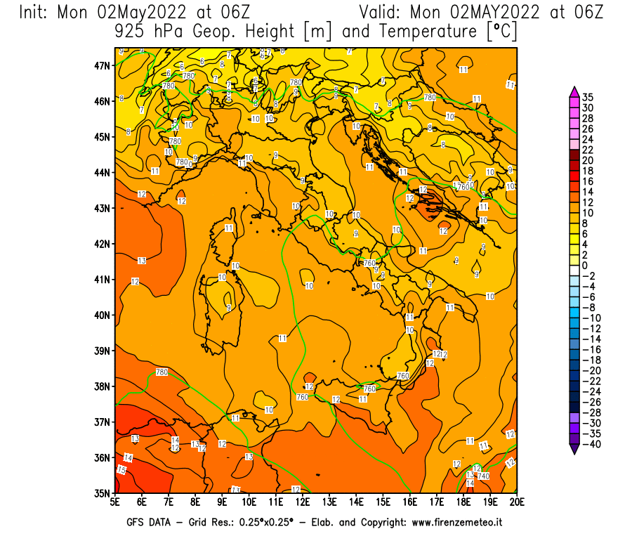 Mappa di analisi GFS - Geopotenziale [m] e Temperatura [°C] a 925 hPa in Italia
									del 02/05/2022 06 <!--googleoff: index-->UTC<!--googleon: index-->