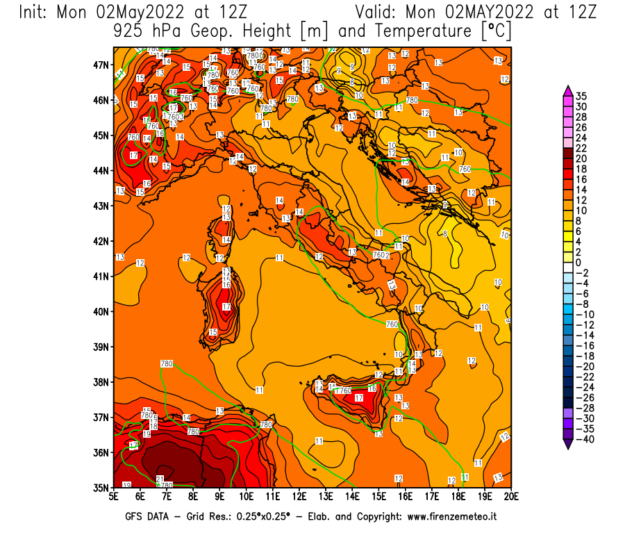 Mappa di analisi GFS - Geopotenziale [m] e Temperatura [°C] a 925 hPa in Italia
									del 02/05/2022 12 <!--googleoff: index-->UTC<!--googleon: index-->