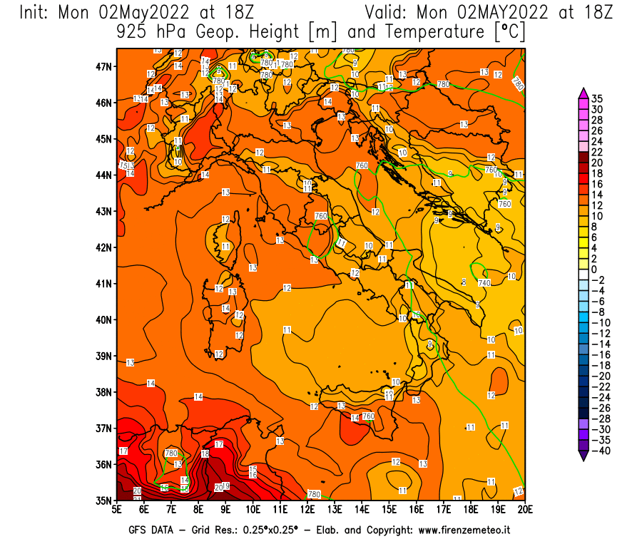 Mappa di analisi GFS - Geopotenziale [m] e Temperatura [°C] a 925 hPa in Italia
									del 02/05/2022 18 <!--googleoff: index-->UTC<!--googleon: index-->