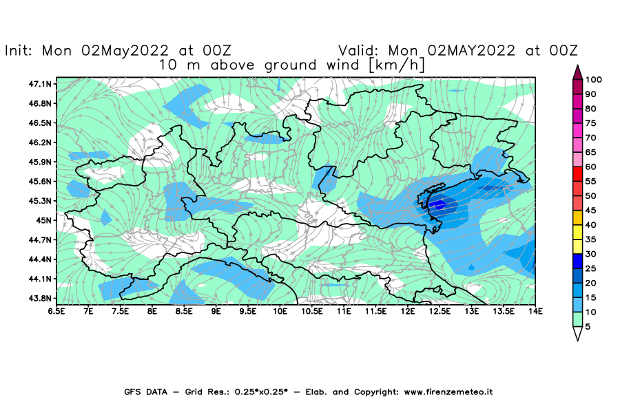 Mappa di analisi GFS - Velocità del vento a 10 metri dal suolo [km/h] in Nord-Italia
									del 02/05/2022 00 <!--googleoff: index-->UTC<!--googleon: index-->