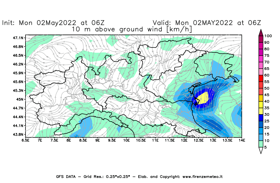 Mappa di analisi GFS - Velocità del vento a 10 metri dal suolo [km/h] in Nord-Italia
									del 02/05/2022 06 <!--googleoff: index-->UTC<!--googleon: index-->