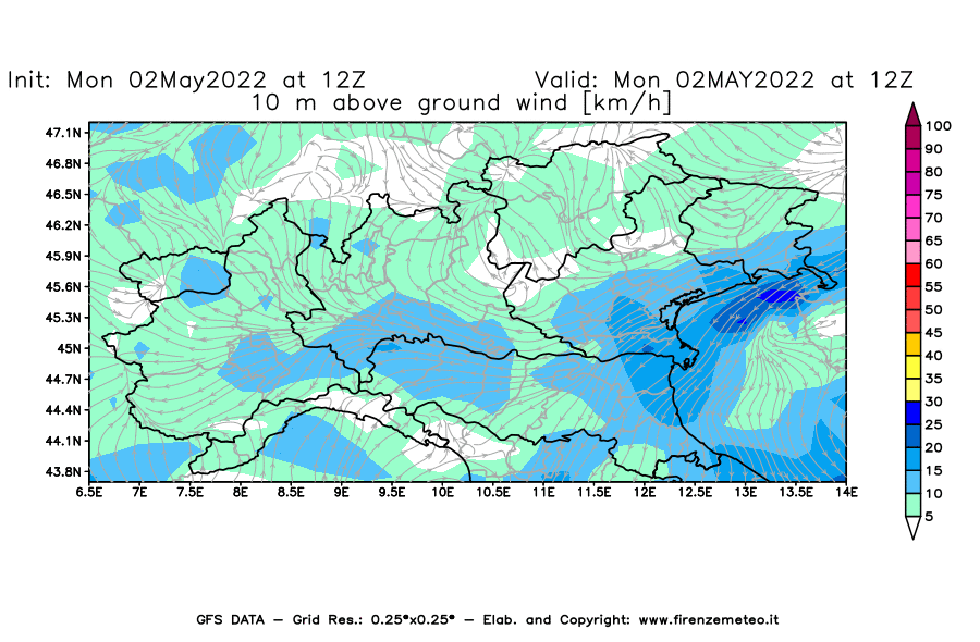 Mappa di analisi GFS - Velocità del vento a 10 metri dal suolo [km/h] in Nord-Italia
									del 02/05/2022 12 <!--googleoff: index-->UTC<!--googleon: index-->