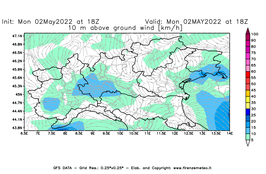 Mappa di analisi GFS - Velocità del vento a 10 metri dal suolo [km/h] in Nord-Italia
									del 02/05/2022 18 <!--googleoff: index-->UTC<!--googleon: index-->