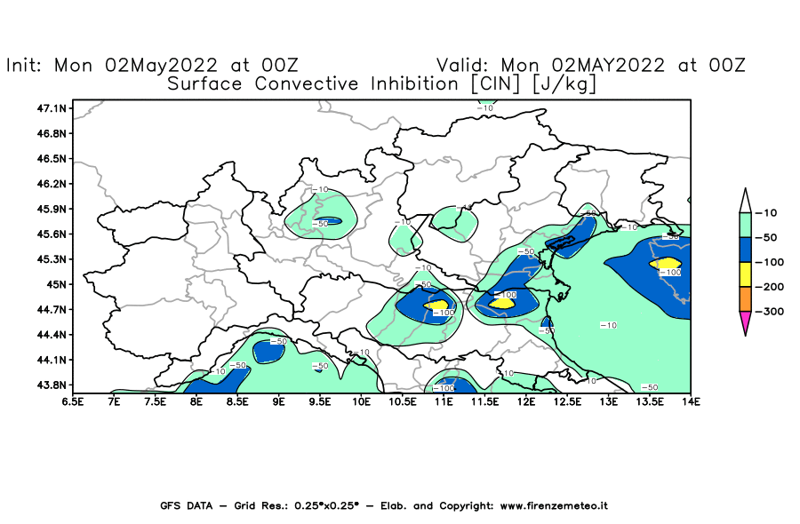 Mappa di analisi GFS - CIN [J/kg] in Nord-Italia
									del 02/05/2022 00 <!--googleoff: index-->UTC<!--googleon: index-->