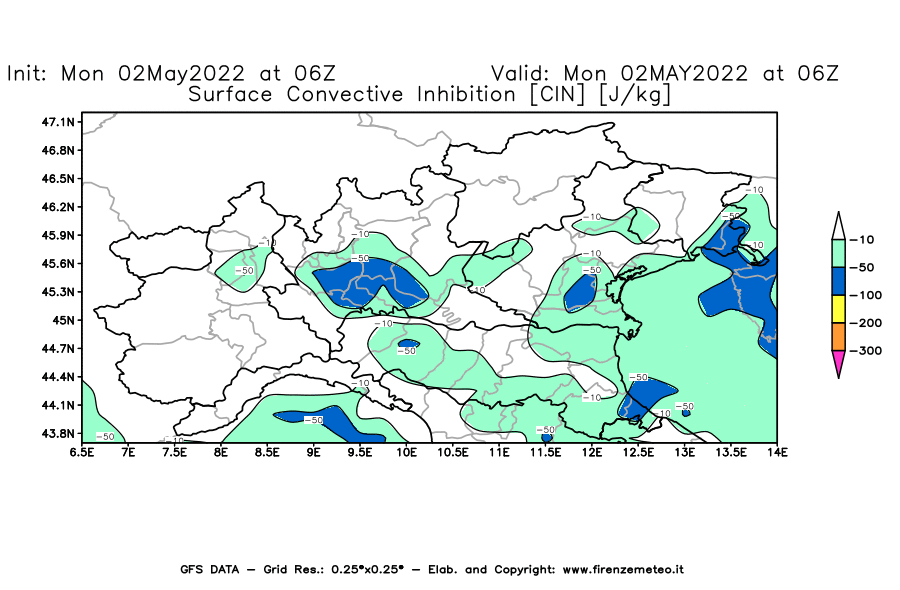 Mappa di analisi GFS - CIN [J/kg] in Nord-Italia
									del 02/05/2022 06 <!--googleoff: index-->UTC<!--googleon: index-->