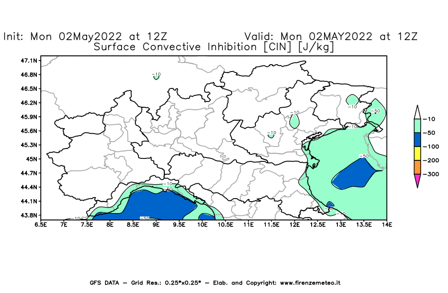 Mappa di analisi GFS - CIN [J/kg] in Nord-Italia
									del 02/05/2022 12 <!--googleoff: index-->UTC<!--googleon: index-->