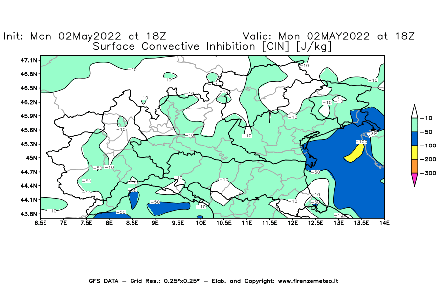 Mappa di analisi GFS - CIN [J/kg] in Nord-Italia
									del 02/05/2022 18 <!--googleoff: index-->UTC<!--googleon: index-->