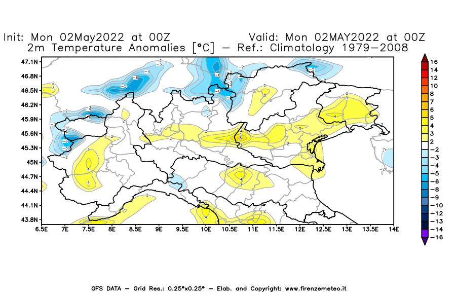 Mappa di analisi GFS - Anomalia Temperatura [°C] a 2 m in Nord-Italia
									del 02/05/2022 00 <!--googleoff: index-->UTC<!--googleon: index-->