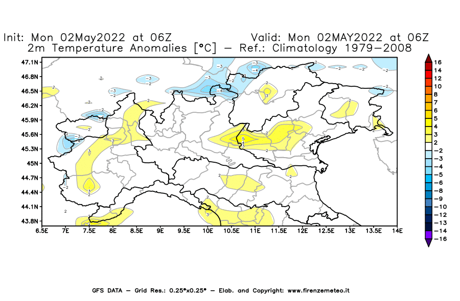 Mappa di analisi GFS - Anomalia Temperatura [°C] a 2 m in Nord-Italia
									del 02/05/2022 06 <!--googleoff: index-->UTC<!--googleon: index-->