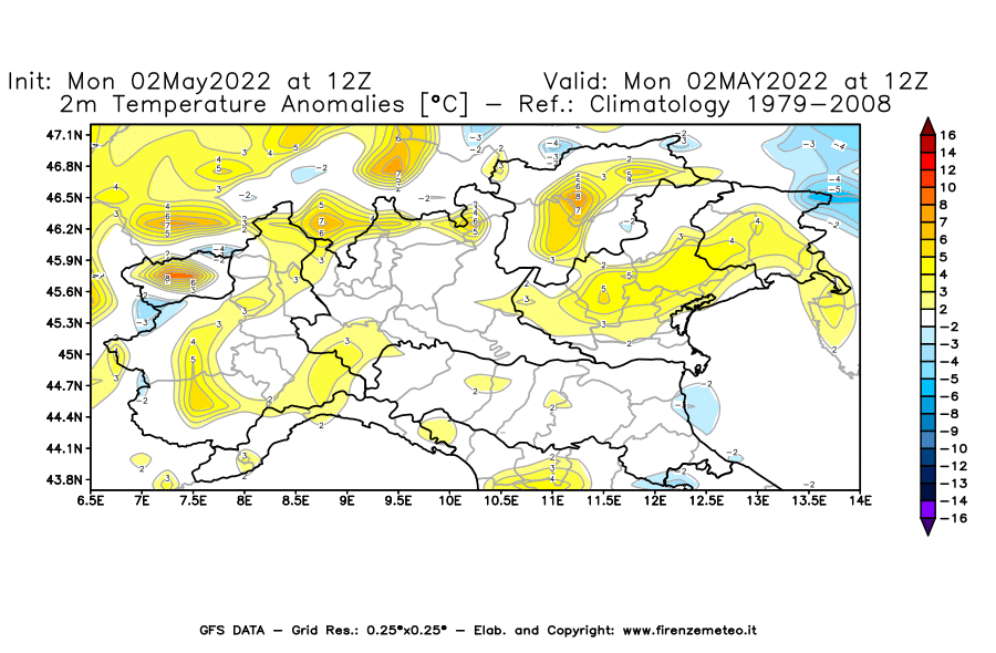 Mappa di analisi GFS - Anomalia Temperatura [°C] a 2 m in Nord-Italia
									del 02/05/2022 12 <!--googleoff: index-->UTC<!--googleon: index-->