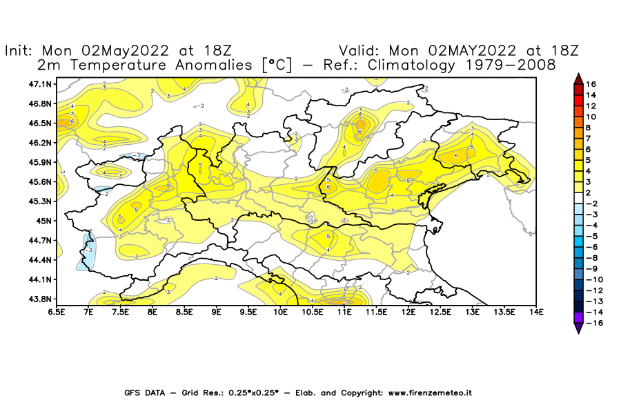 Mappa di analisi GFS - Anomalia Temperatura [°C] a 2 m in Nord-Italia
									del 02/05/2022 18 <!--googleoff: index-->UTC<!--googleon: index-->