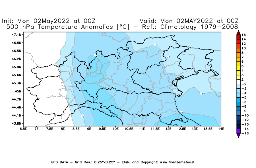 Mappa di analisi GFS - Anomalia Temperatura [°C] a 500 hPa in Nord-Italia
									del 02/05/2022 00 <!--googleoff: index-->UTC<!--googleon: index-->