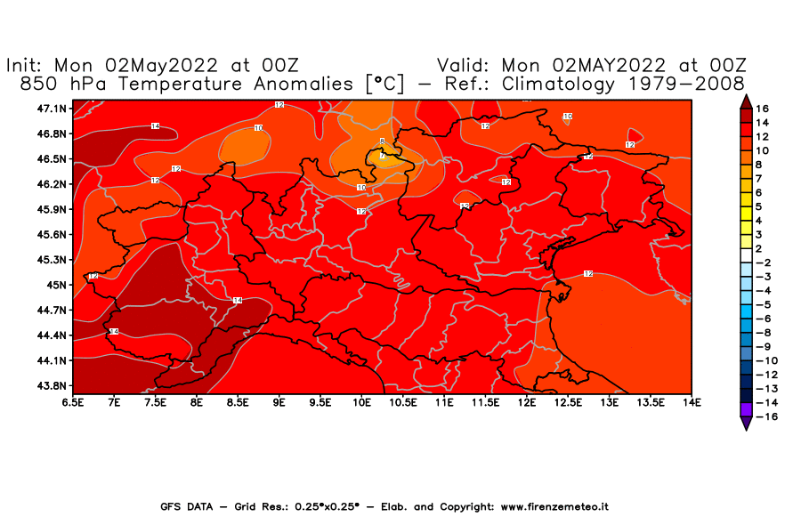 Mappa di analisi GFS - Anomalia Temperatura [°C] a 850 hPa in Nord-Italia
									del 02/05/2022 00 <!--googleoff: index-->UTC<!--googleon: index-->