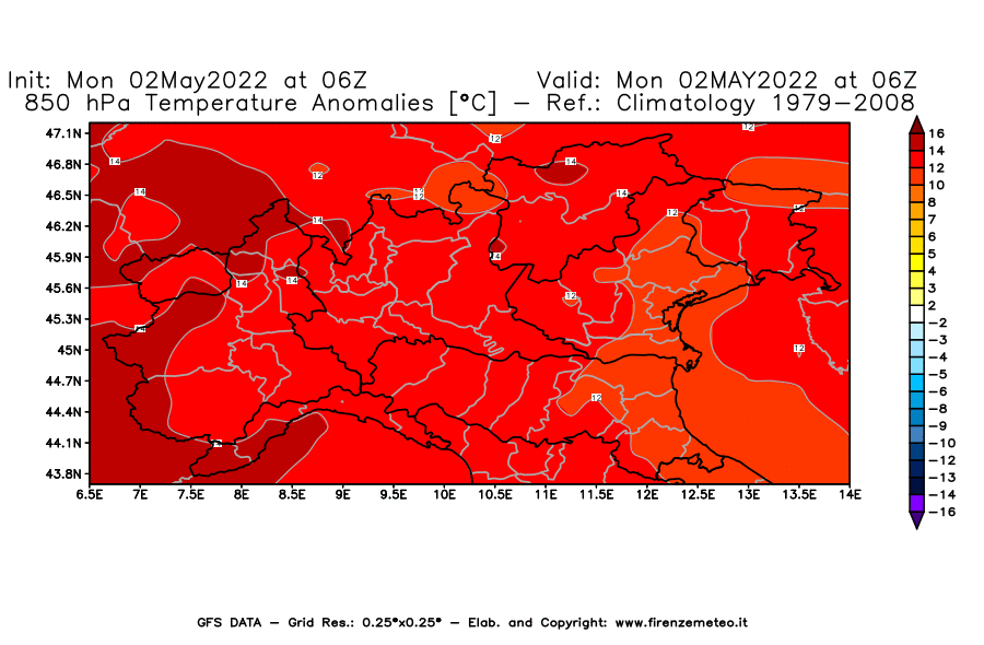 Mappa di analisi GFS - Anomalia Temperatura [°C] a 850 hPa in Nord-Italia
									del 02/05/2022 06 <!--googleoff: index-->UTC<!--googleon: index-->