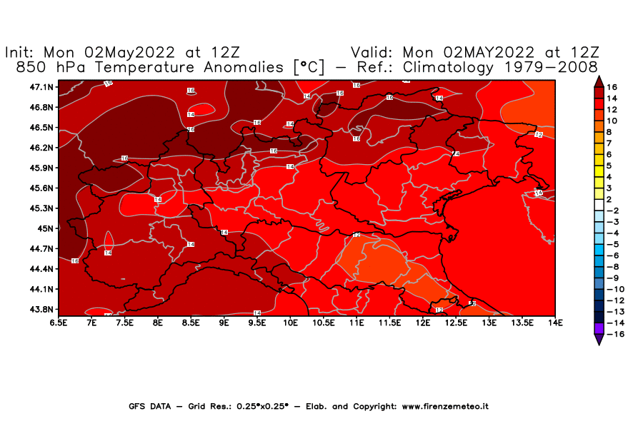 Mappa di analisi GFS - Anomalia Temperatura [°C] a 850 hPa in Nord-Italia
									del 02/05/2022 12 <!--googleoff: index-->UTC<!--googleon: index-->