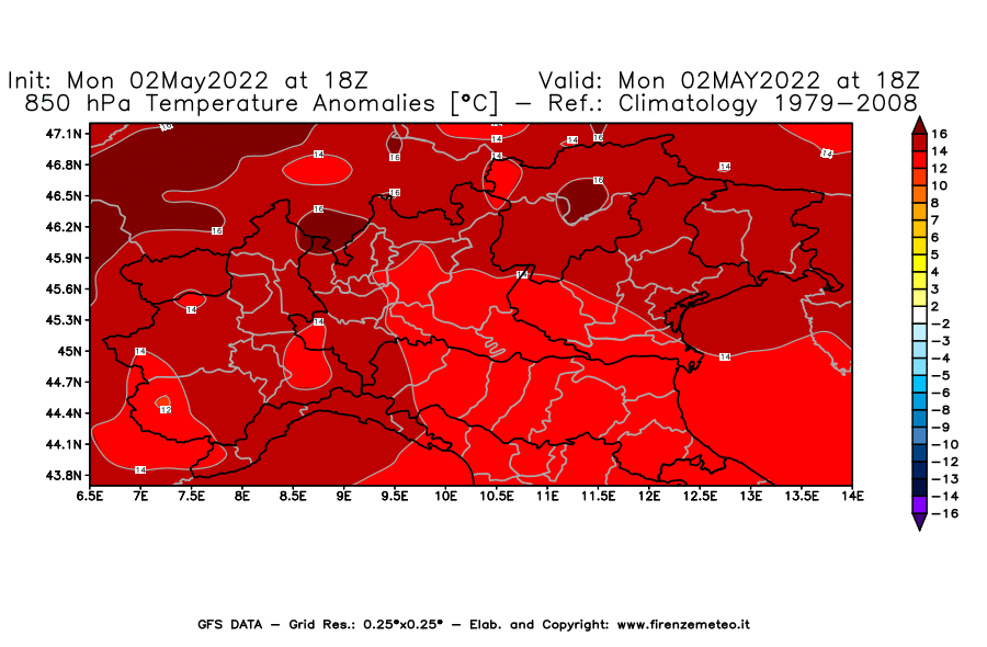 Mappa di analisi GFS - Anomalia Temperatura [°C] a 850 hPa in Nord-Italia
									del 02/05/2022 18 <!--googleoff: index-->UTC<!--googleon: index-->