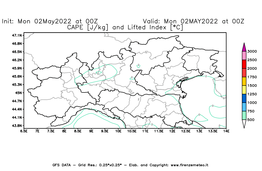 Mappa di analisi GFS - CAPE [J/kg] e Lifted Index [°C] in Nord-Italia
									del 02/05/2022 00 <!--googleoff: index-->UTC<!--googleon: index-->