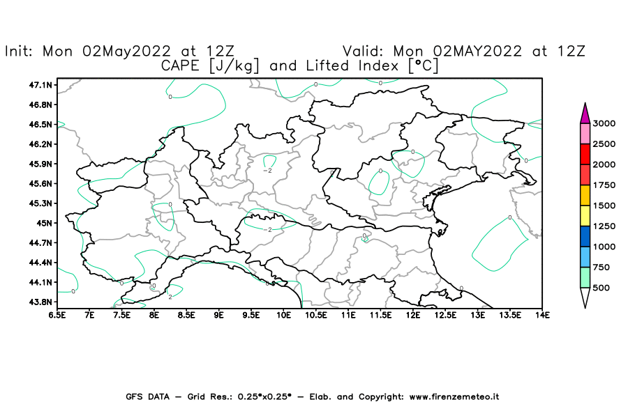 Mappa di analisi GFS - CAPE [J/kg] e Lifted Index [°C] in Nord-Italia
									del 02/05/2022 12 <!--googleoff: index-->UTC<!--googleon: index-->