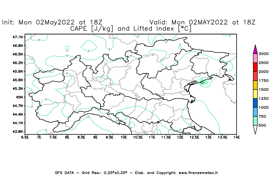 Mappa di analisi GFS - CAPE [J/kg] e Lifted Index [°C] in Nord-Italia
									del 02/05/2022 18 <!--googleoff: index-->UTC<!--googleon: index-->