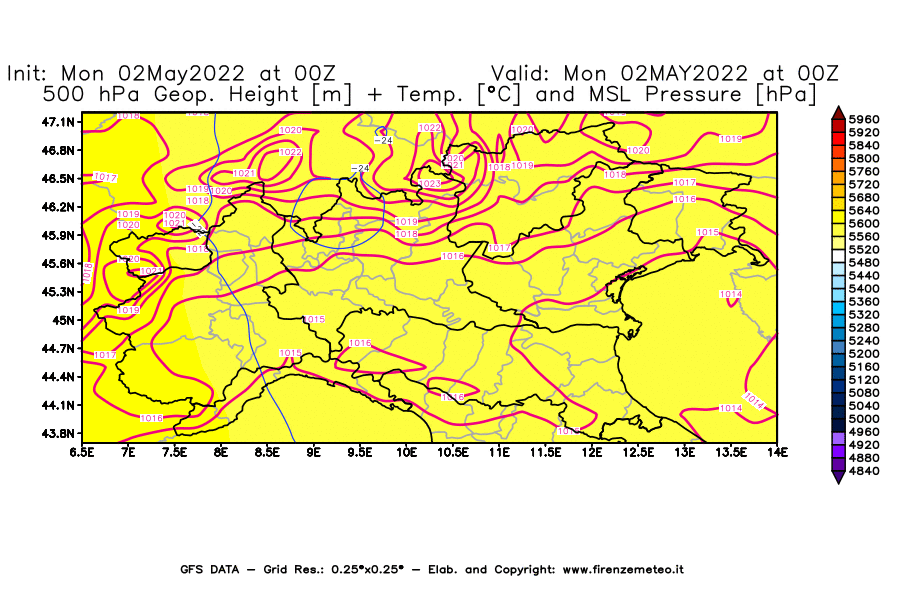 Mappa di analisi GFS - Geopotenziale [m] + Temp. [°C] a 500 hPa + Press. a livello del mare [hPa] in Nord-Italia
									del 02/05/2022 00 <!--googleoff: index-->UTC<!--googleon: index-->