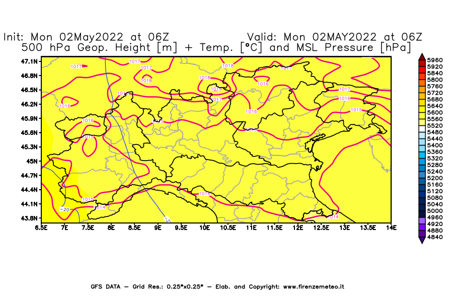 Mappa di analisi GFS - Geopotenziale [m] + Temp. [°C] a 500 hPa + Press. a livello del mare [hPa] in Nord-Italia
									del 02/05/2022 06 <!--googleoff: index-->UTC<!--googleon: index-->