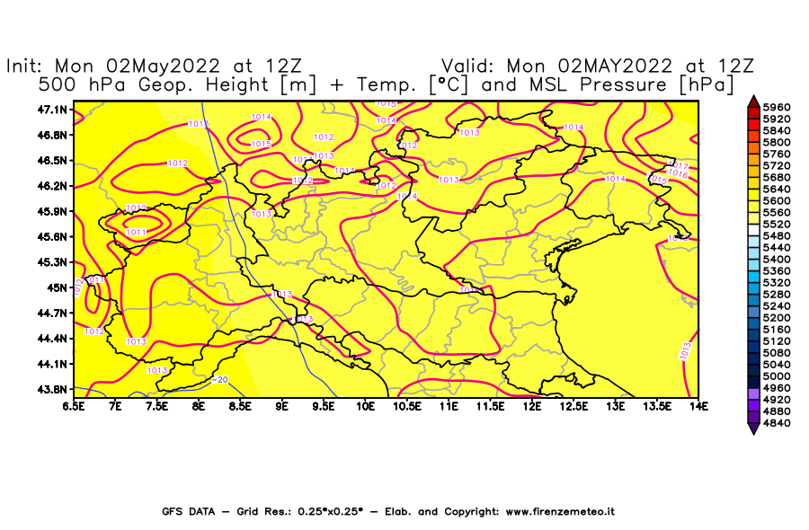Mappa di analisi GFS - Geopotenziale [m] + Temp. [°C] a 500 hPa + Press. a livello del mare [hPa] in Nord-Italia
									del 02/05/2022 12 <!--googleoff: index-->UTC<!--googleon: index-->