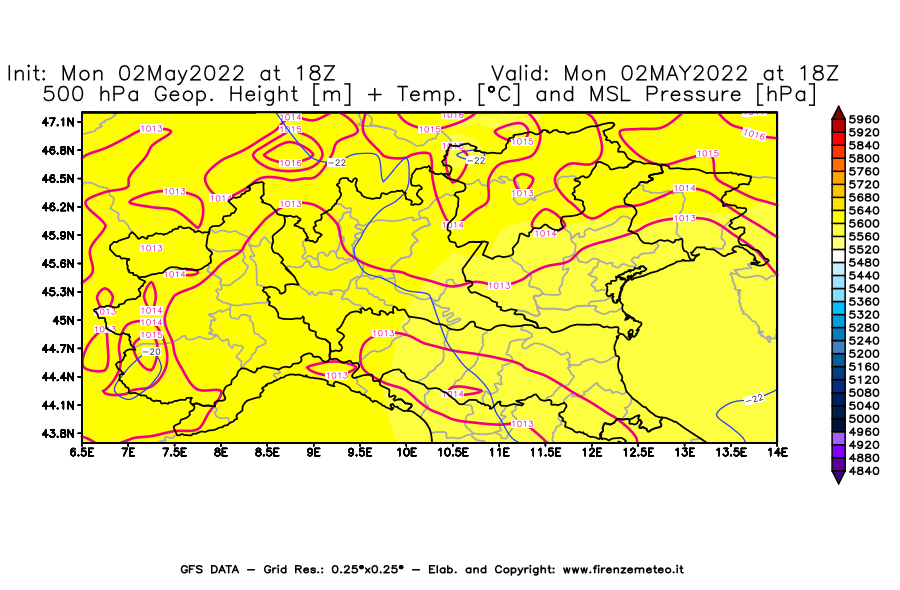 Mappa di analisi GFS - Geopotenziale [m] + Temp. [°C] a 500 hPa + Press. a livello del mare [hPa] in Nord-Italia
									del 02/05/2022 18 <!--googleoff: index-->UTC<!--googleon: index-->