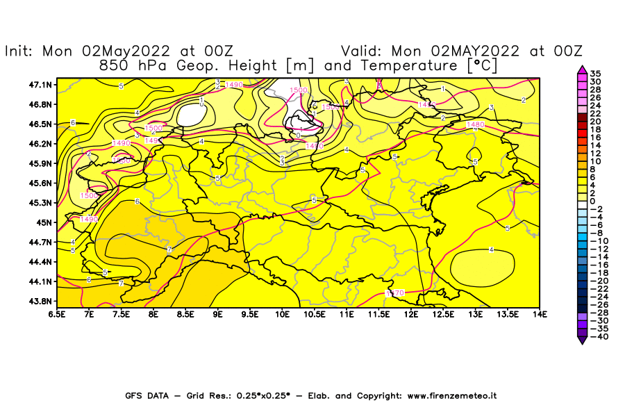Mappa di analisi GFS - Geopotenziale [m] e Temperatura [°C] a 850 hPa in Nord-Italia
									del 02/05/2022 00 <!--googleoff: index-->UTC<!--googleon: index-->