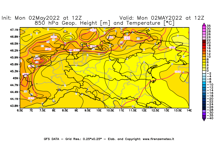 Mappa di analisi GFS - Geopotenziale [m] e Temperatura [°C] a 850 hPa in Nord-Italia
									del 02/05/2022 12 <!--googleoff: index-->UTC<!--googleon: index-->