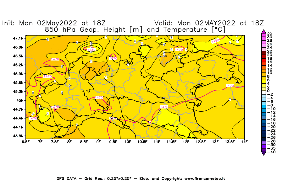 Mappa di analisi GFS - Geopotenziale [m] e Temperatura [°C] a 850 hPa in Nord-Italia
									del 02/05/2022 18 <!--googleoff: index-->UTC<!--googleon: index-->