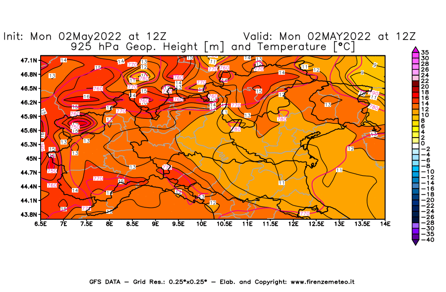 Mappa di analisi GFS - Geopotenziale [m] e Temperatura [°C] a 925 hPa in Nord-Italia
									del 02/05/2022 12 <!--googleoff: index-->UTC<!--googleon: index-->