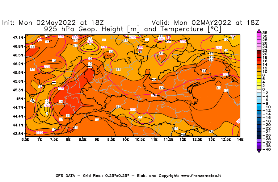 Mappa di analisi GFS - Geopotenziale [m] e Temperatura [°C] a 925 hPa in Nord-Italia
									del 02/05/2022 18 <!--googleoff: index-->UTC<!--googleon: index-->