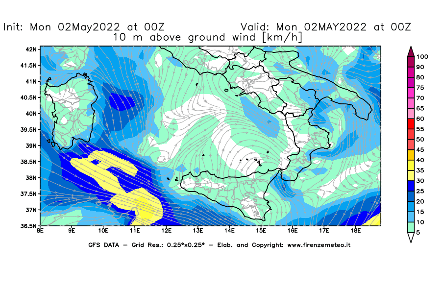 Mappa di analisi GFS - Velocità del vento a 10 metri dal suolo [km/h] in Sud-Italia
									del 02/05/2022 00 <!--googleoff: index-->UTC<!--googleon: index-->