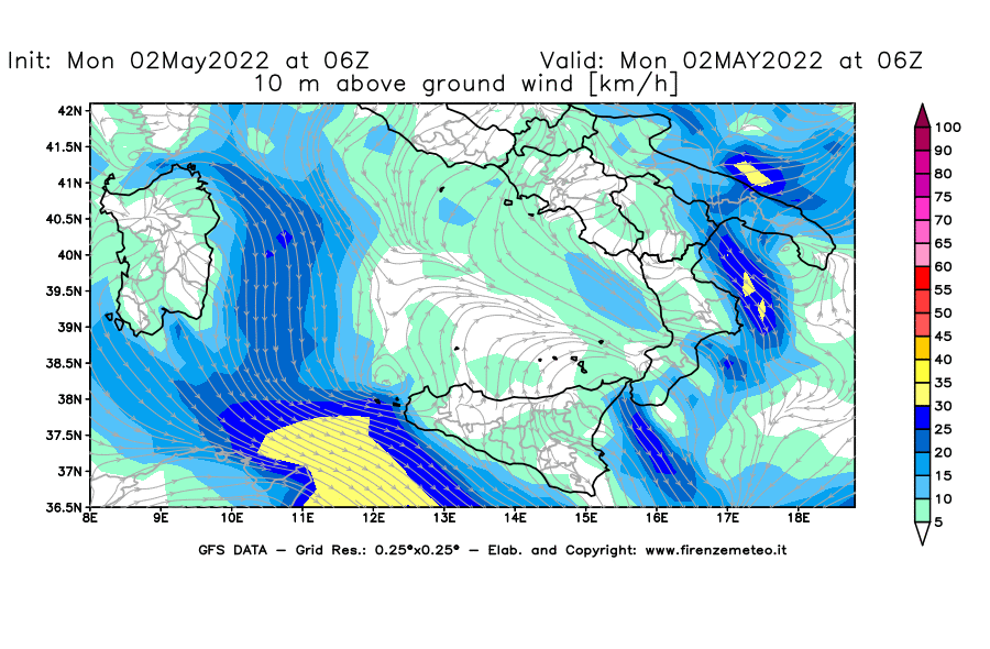 Mappa di analisi GFS - Velocità del vento a 10 metri dal suolo [km/h] in Sud-Italia
									del 02/05/2022 06 <!--googleoff: index-->UTC<!--googleon: index-->