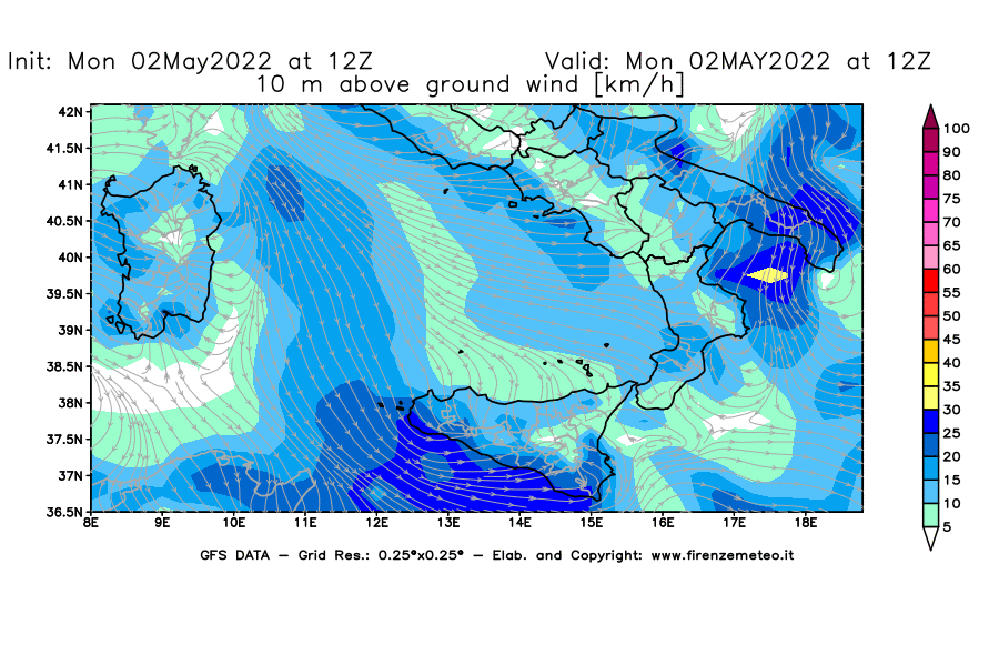 Mappa di analisi GFS - Velocità del vento a 10 metri dal suolo [km/h] in Sud-Italia
									del 02/05/2022 12 <!--googleoff: index-->UTC<!--googleon: index-->