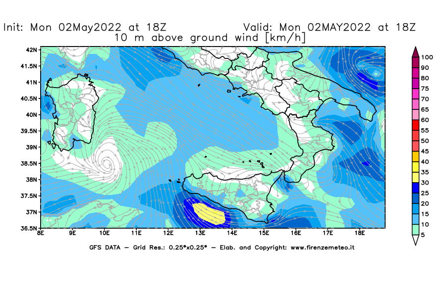 Mappa di analisi GFS - Velocità del vento a 10 metri dal suolo [km/h] in Sud-Italia
									del 02/05/2022 18 <!--googleoff: index-->UTC<!--googleon: index-->