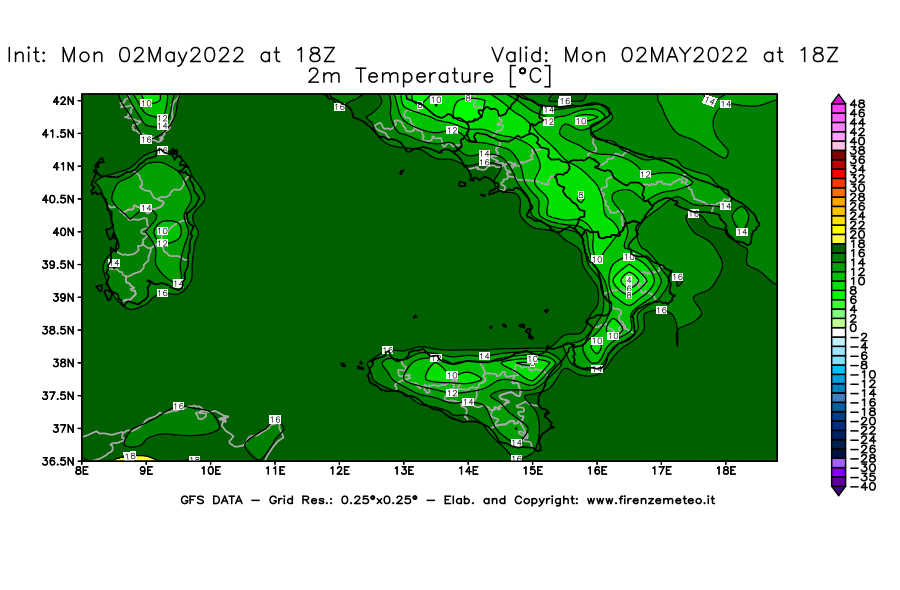 Mappa di analisi GFS - Temperatura a 2 metri dal suolo [°C] in Sud-Italia
									del 02/05/2022 18 <!--googleoff: index-->UTC<!--googleon: index-->