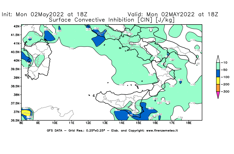 Mappa di analisi GFS - CIN [J/kg] in Sud-Italia
									del 02/05/2022 18 <!--googleoff: index-->UTC<!--googleon: index-->