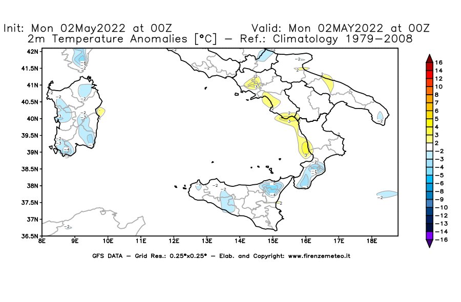 Mappa di analisi GFS - Anomalia Temperatura [°C] a 2 m in Sud-Italia
									del 02/05/2022 00 <!--googleoff: index-->UTC<!--googleon: index-->