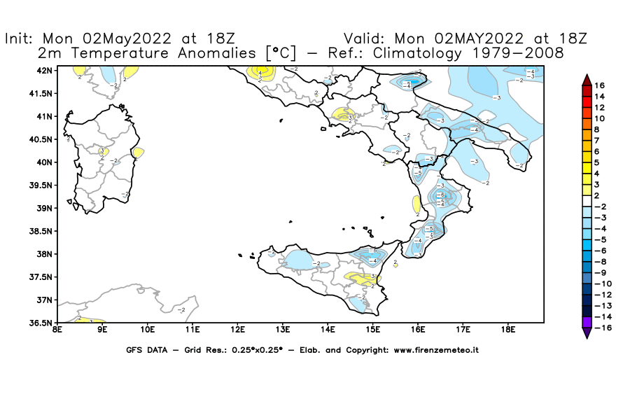 Mappa di analisi GFS - Anomalia Temperatura [°C] a 2 m in Sud-Italia
									del 02/05/2022 18 <!--googleoff: index-->UTC<!--googleon: index-->