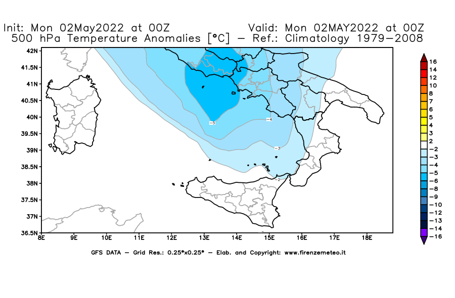 Mappa di analisi GFS - Anomalia Temperatura [°C] a 500 hPa in Sud-Italia
									del 02/05/2022 00 <!--googleoff: index-->UTC<!--googleon: index-->