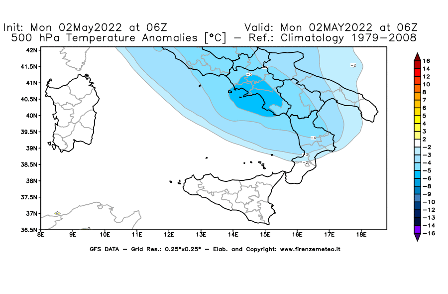 Mappa di analisi GFS - Anomalia Temperatura [°C] a 500 hPa in Sud-Italia
									del 02/05/2022 06 <!--googleoff: index-->UTC<!--googleon: index-->