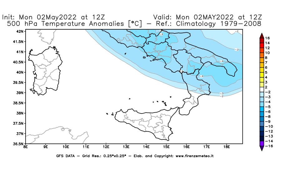 Mappa di analisi GFS - Anomalia Temperatura [°C] a 500 hPa in Sud-Italia
									del 02/05/2022 12 <!--googleoff: index-->UTC<!--googleon: index-->