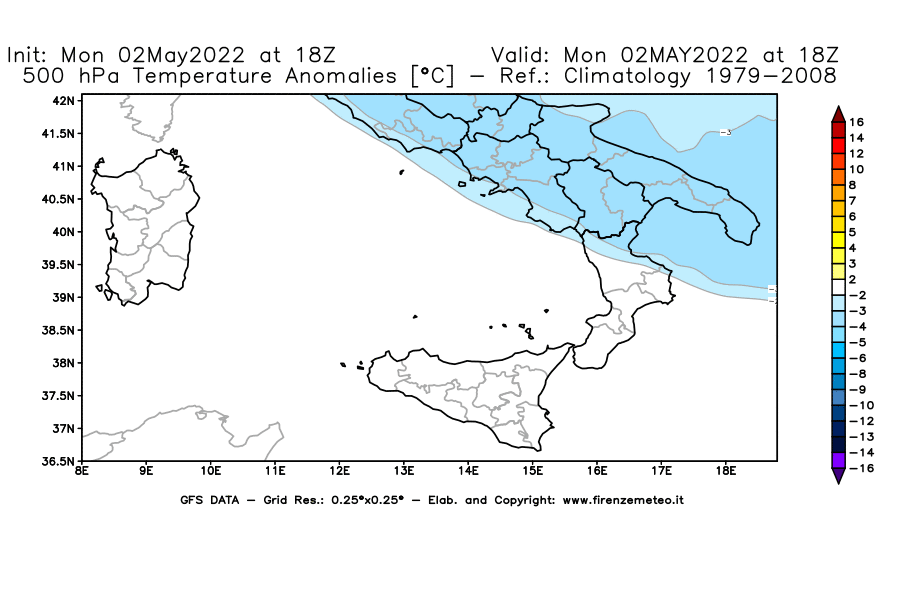 Mappa di analisi GFS - Anomalia Temperatura [°C] a 500 hPa in Sud-Italia
									del 02/05/2022 18 <!--googleoff: index-->UTC<!--googleon: index-->