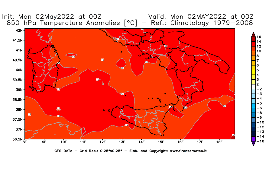 Mappa di analisi GFS - Anomalia Temperatura [°C] a 850 hPa in Sud-Italia
									del 02/05/2022 00 <!--googleoff: index-->UTC<!--googleon: index-->