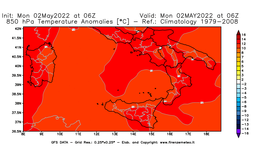 Mappa di analisi GFS - Anomalia Temperatura [°C] a 850 hPa in Sud-Italia
									del 02/05/2022 06 <!--googleoff: index-->UTC<!--googleon: index-->